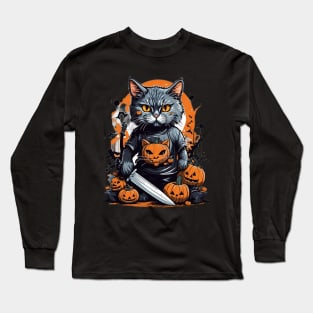 Cat with knife on Halloween Long Sleeve T-Shirt